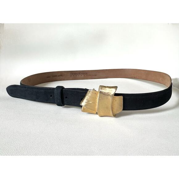 Vintage 90s Donna Karan Belt Italy Black Leather Suede Gold Buckle Luxury Large main image 13